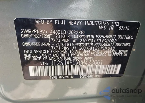 2016 Subaru Forester 2.5I Premium from USA, damaged, VIN JF2SJAFCXGH433061